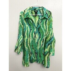 Liz & Me Top Size 3X Green Blue Button Up Floral Sequin Crinkle Shirt Tunic